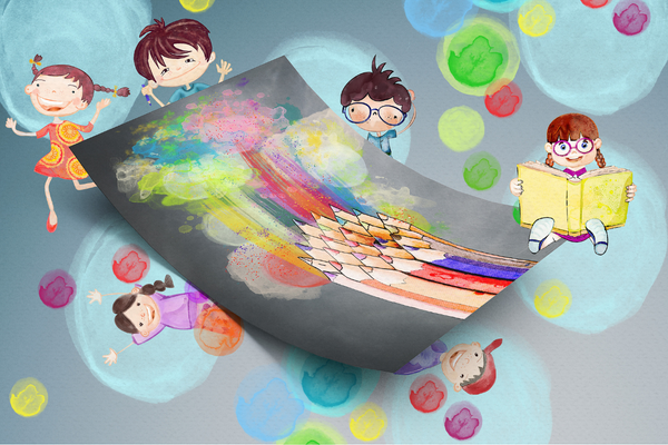 Colorful graphic with cartoon kids