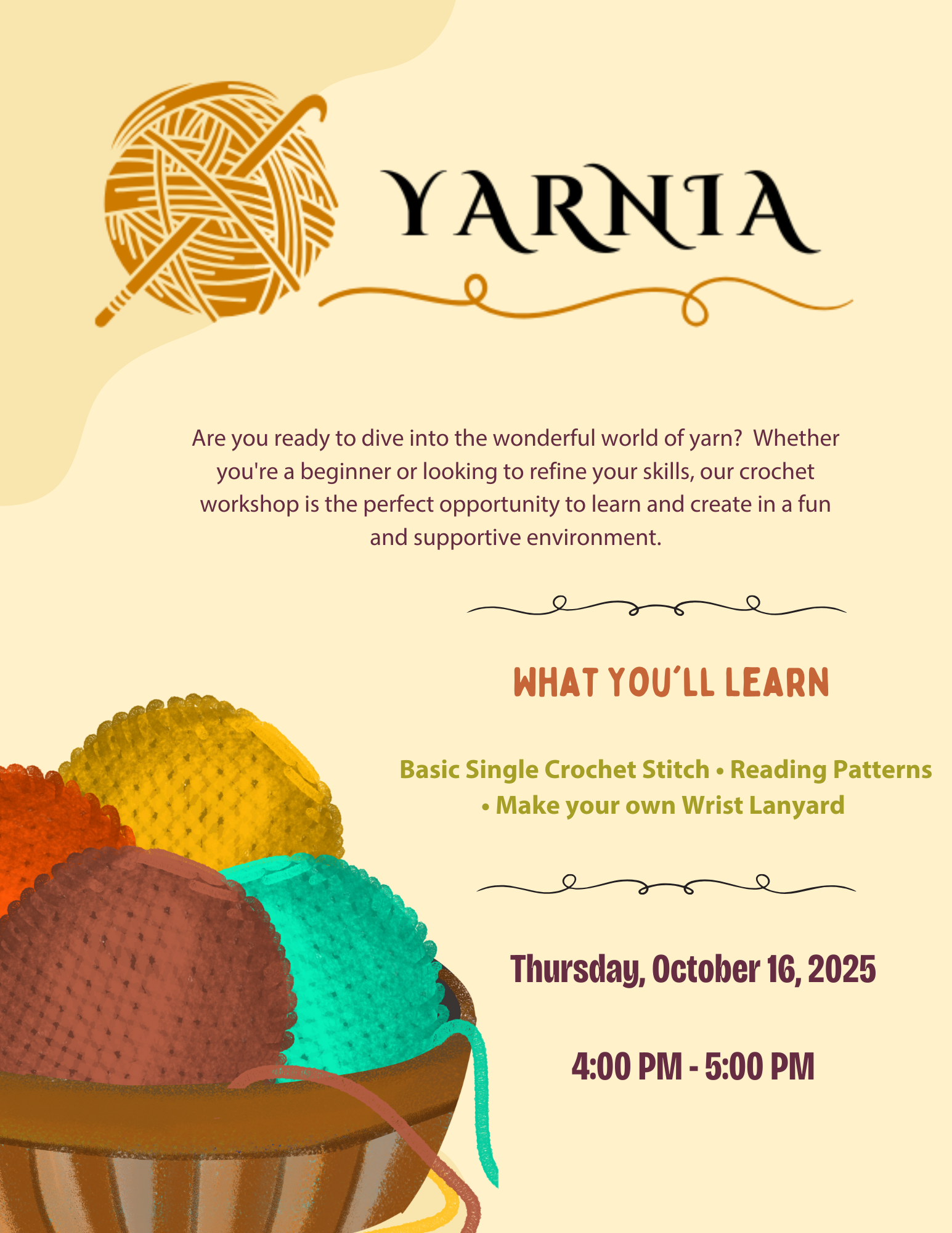 balls of yarn in a basket and detail about the upcoming Yarnia w
