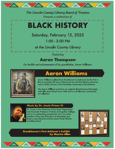 Green backgroud with black writing with pictures of Aaron Williams and Dr. Jessie Primer III