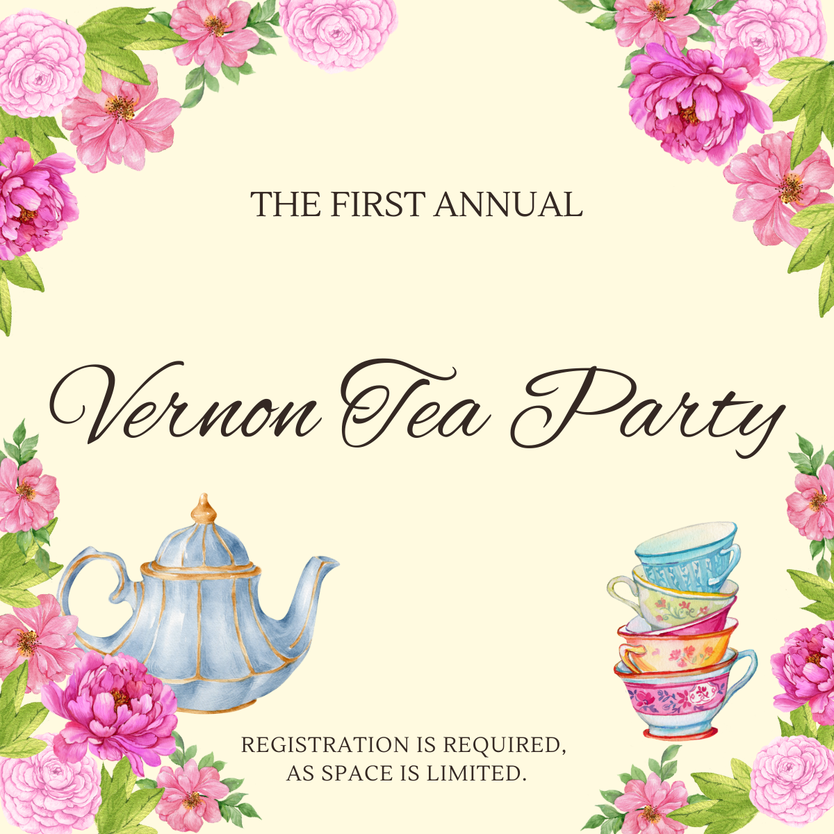 Pink flowers with a blue teapot and multi-colored teac cups