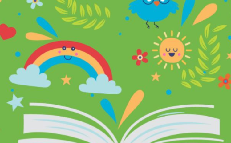 Bright green background with cartoon figures over open book